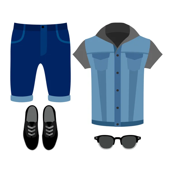 Set of trendy men's clothes. Outfit of man denim vest, shorts and accessories. Men's wardrobe — Stock Vector