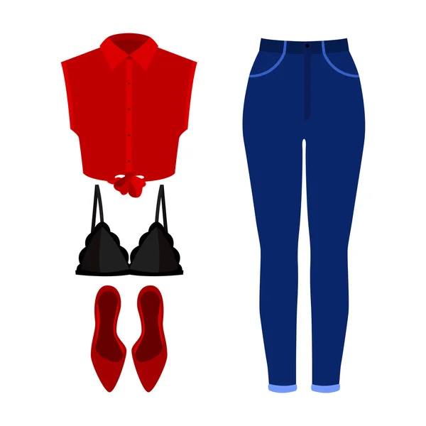 Conjunto de roupas femininas na moda. Roupa de mulher jeans, camisa, sutiã e acessórios. Roupeiro feminino — Vetor de Stock
