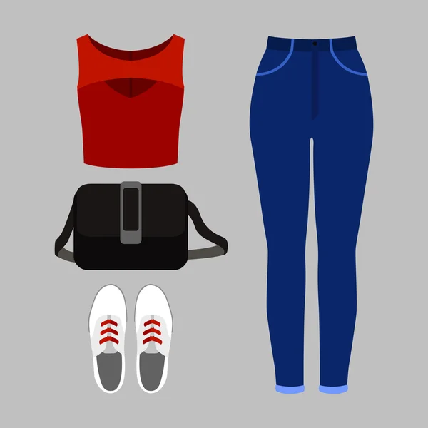 Conjunto de ropa de mujer de moda. Traje de mujer jeans, top y accesorios. Armario de mujer — Archivo Imágenes Vectoriales