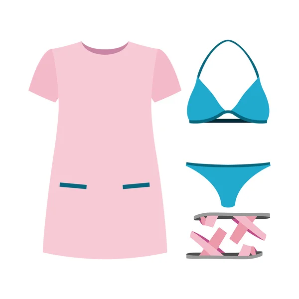 Set van trendy vrouwen kleren. Outfit van de vrouw badpak, kleding en accessoires. Kledingkast van de vrouw — Stockvector