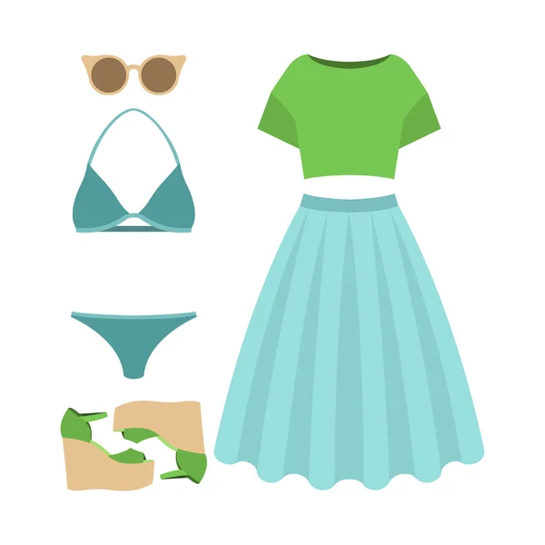 トレンディな女性の服のセット。女性の水着、スカート、トップとアクセサリーの衣装。女性のワードローブ — ストックベクタ