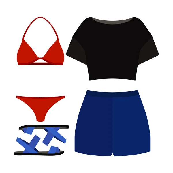 Set trendiger Frauenkleidung. Outfit der Frau Badeanzug, Shorts, Oberteil und Accessoires. Garderobe für Frauen — Stockvektor