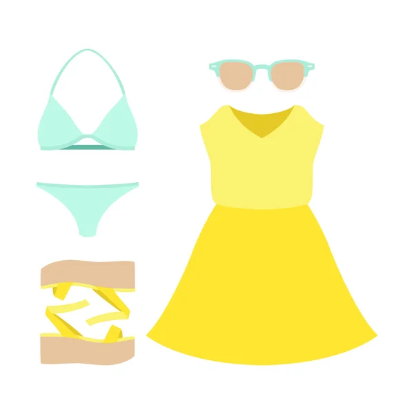 Conjunto de ropa de mujer de moda. Traje de mujer traje de baño, vestido y accesorios. Armario de mujer — Vector de stock