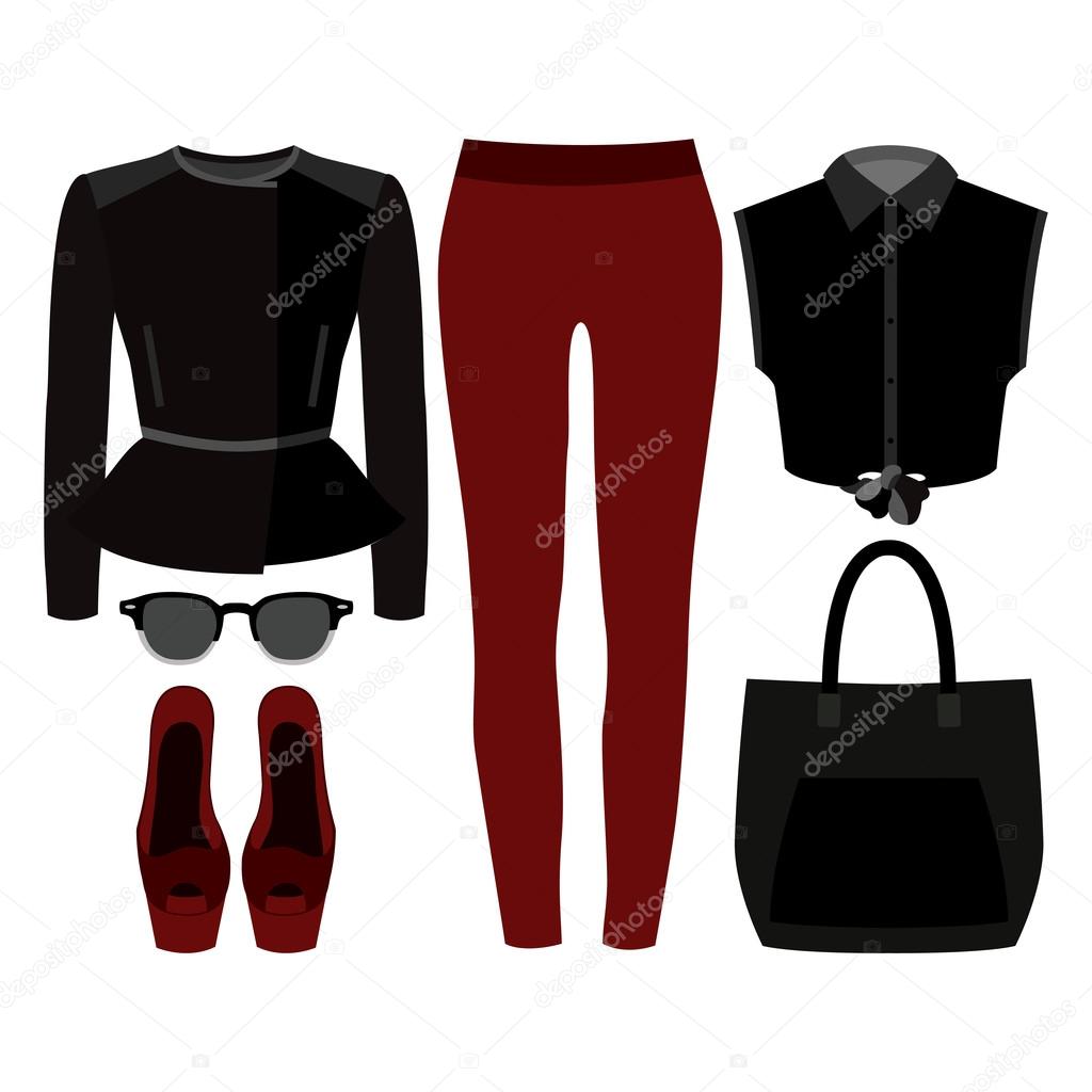 Set of trendy women's clothes. Outfit of woman rocker jacket, jeans, shirt and accessories. Women's wardrobe