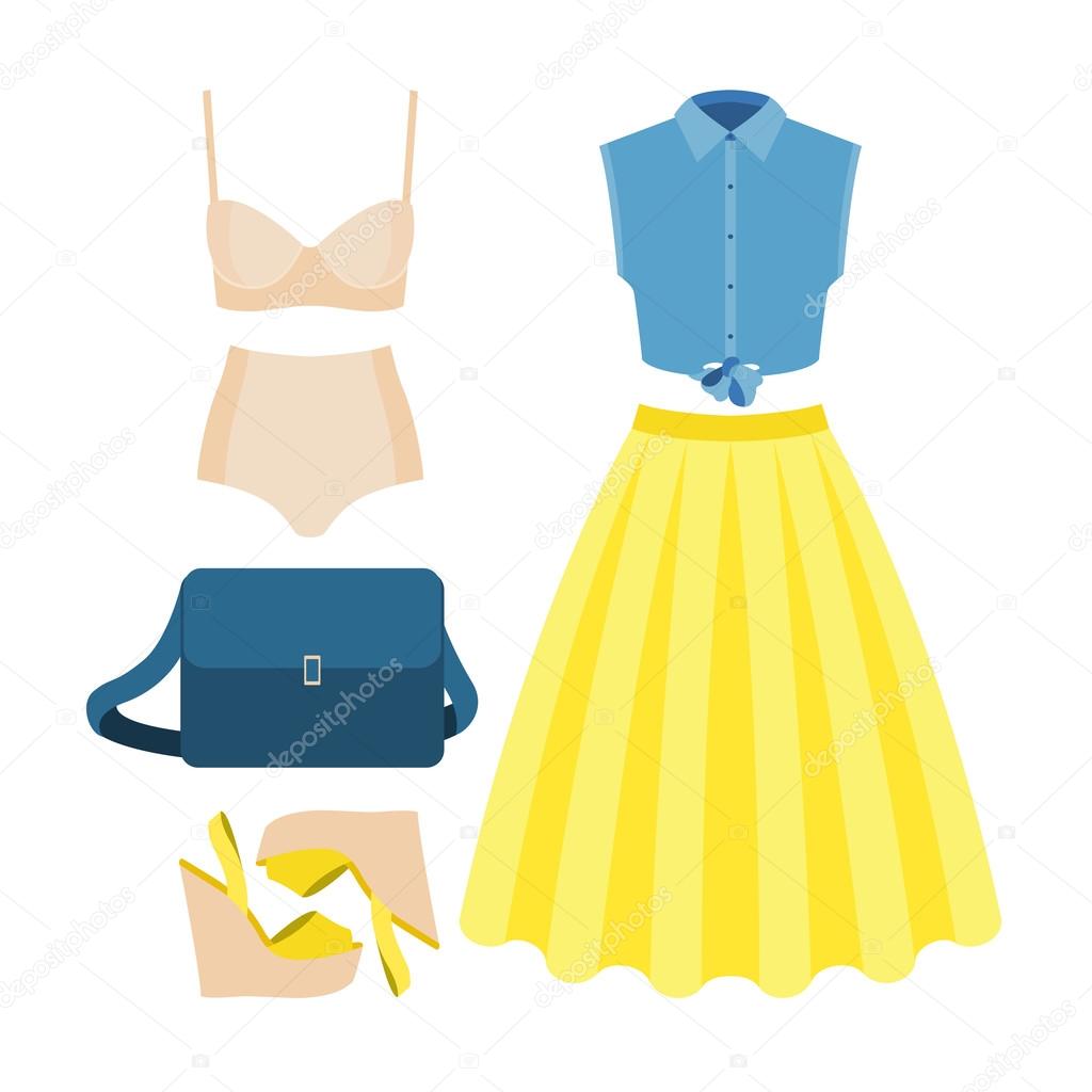 Set of trendy women's clothes. Outfit of woman swimsuit, skirt, shirt and accessories. Women's wardrobe