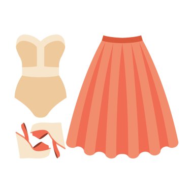 Modaya uygun kadın kıyafetleri seti. Kadın mayo, etek ve aksesuarları kıyafeti. Kadın gardırop