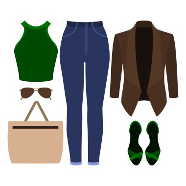 Trendy kadın giyim kümesi. Kıyafet kadın ceket, kot pantolon, üst ve aksesuarları. Kadın gardırop