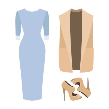 Trendy kadın giyim kümesi. Kıyafet, kadın vestcoat, elbise ve aksesuarlar. Kadın gardırop