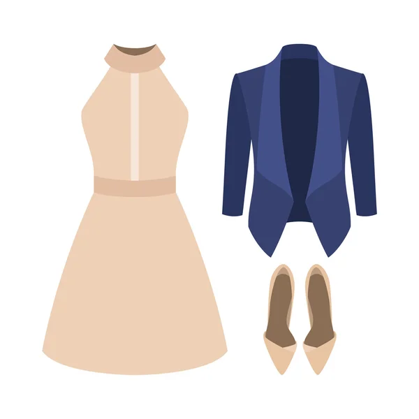 Set di vestiti da donna alla moda. Abito da donna giacca, abito e accessori. Armadio femminile — Vettoriale Stock