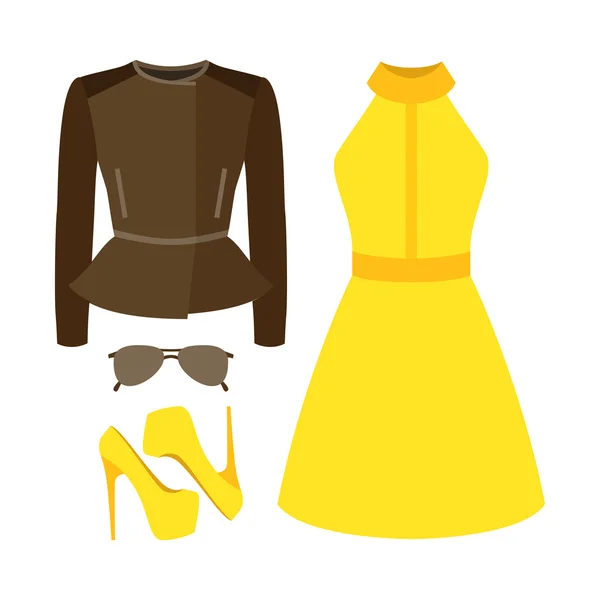 Conjunto de ropa de mujer de moda. Traje de mujer rocker chaqueta, vestido y accesorios. Armario de mujer — Vector de stock