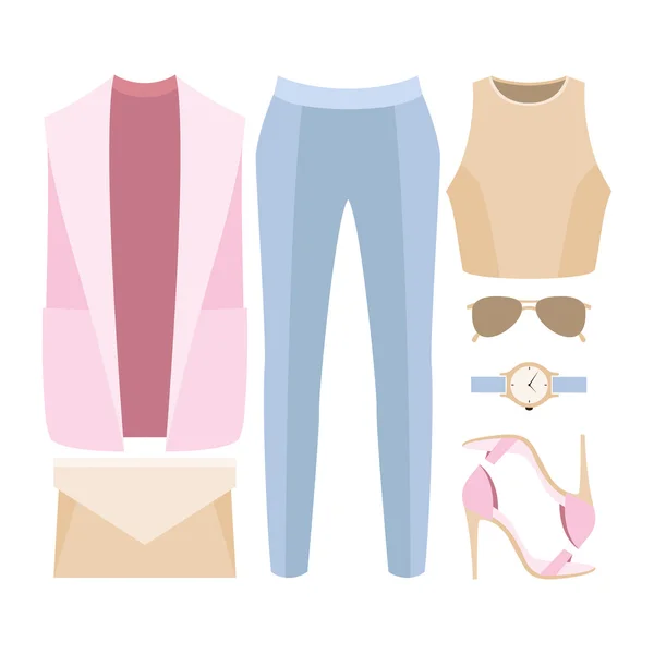 Set of trendy women's clothes. Outfit of woman vestcoat, blouse, panties and accessories. Women's wardrobe — Stock Vector