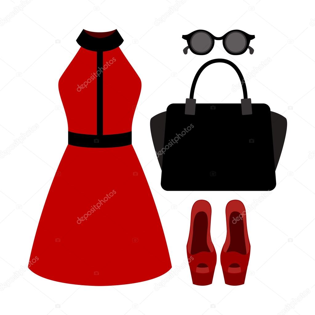 Set of trendy women's clothes. Outfit of woman dress and accessories. Women's wardrobe