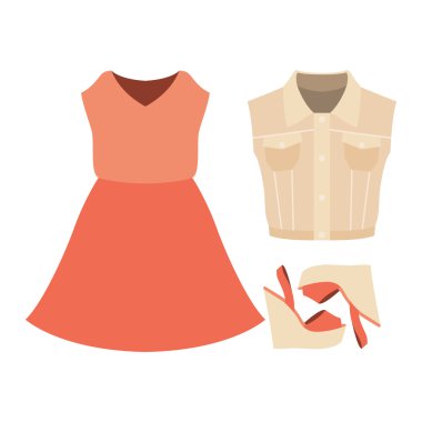 Modaya uygun kadın kıyafetleri seti. Kadın denim yelek, elbise ve aksesuarları kıyafet. Kadın gardırop