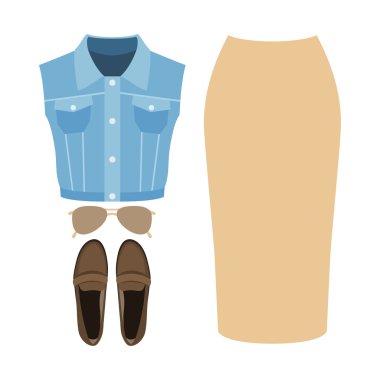 Modaya uygun kadın kıyafetleri seti. Kadın denim yelek, etek ve aksesuarları kıyafeti. Kadın gardırop