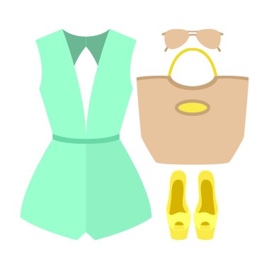 Modaya uygun kadın kıyafetleri seti. Kadın genel kıyafet ve aksesuarları. Kadın gardırop