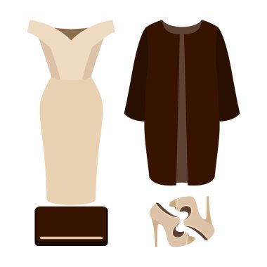 Modaya uygun kadın kıyafetleri seti. Kadın elbise, ceket ve aksesuarları kıyafeti. Kadın gardırop