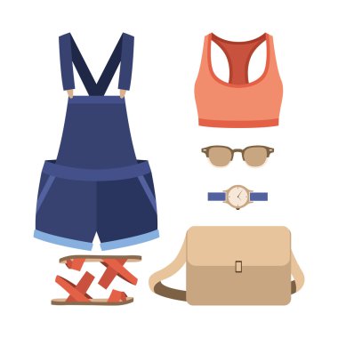 Modaya uygun kadın kıyafetleri seti. Kadın denim genel Kıyafet, üst ve aksesuarları. Kadın gardırop.