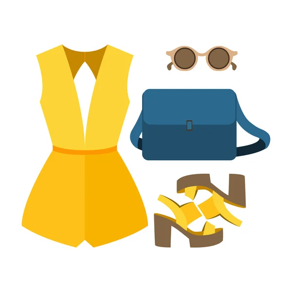 Conjunto de ropa de mujer de moda. Traje de mujer en general y accesorios. Armario de mujer — Vector de stock