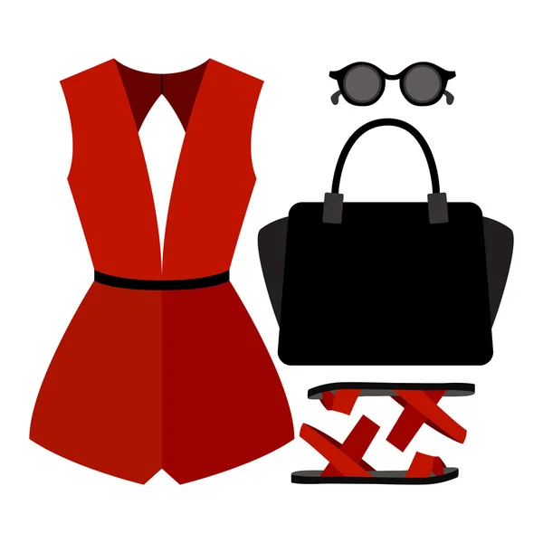 Conjunto de ropa de mujer de moda. Traje de mujer en general y accesorios. Armario de mujer — Vector de stock