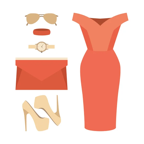 Set of trendy women's clothes. Outfit of woman dress and accessories. Women's wardrobe — Stock Vector