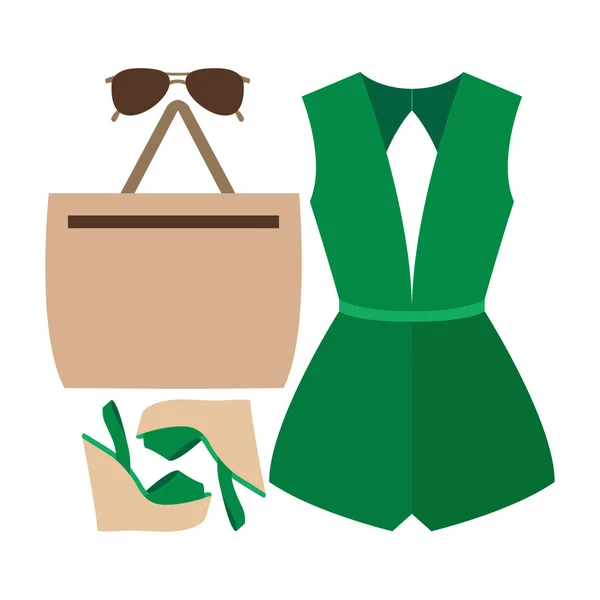 Conjunto de ropa de mujer de moda. Traje de mujer en general y accesorios. Armario de mujer — Vector de stock