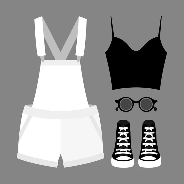 Conjunto de ropa de mujer de moda. Traje de mujer de mezclilla en general, top y accesorios. Armario de mujer — Vector de stock