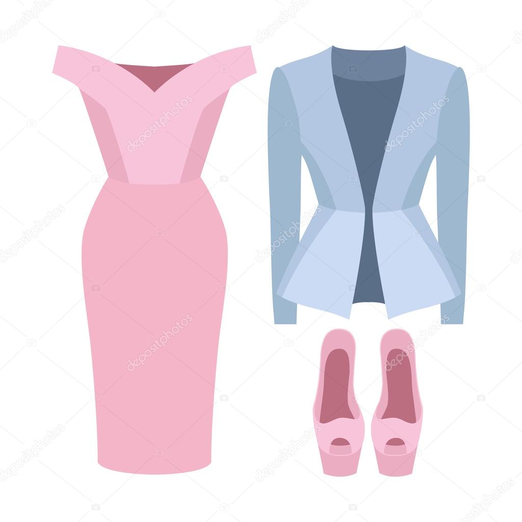 Set of trendy women's clothes. Outfit of woman dress, jacket and accessories. Women's wardrobe