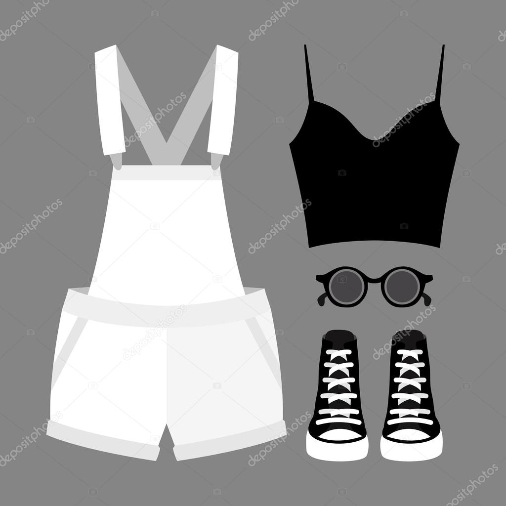 Set of trendy women's clothes. Outfit of woman denim overall, top and accessories. Women's wardrobe