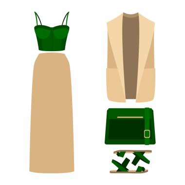 Trendy kadın giyim kümesi. Kıyafet, kadın vestcoat, etek, büsye üst ve aksesuarları. Kadın gardırop