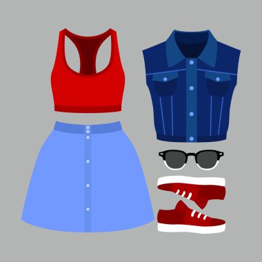 Modaya uygun kadın kıyafetleri seti. Kadın denim genel Kıyafet, skskirt, üst ve aksesuarlar. Kadın gardırop