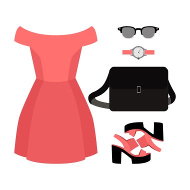 Trendy kadın giyim kadın elbise ve aksesuarlar ile kümesi