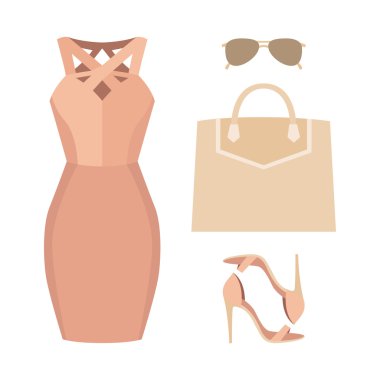 Trendy kadın giyim kadın elbise ve aksesuarlar ile kümesi