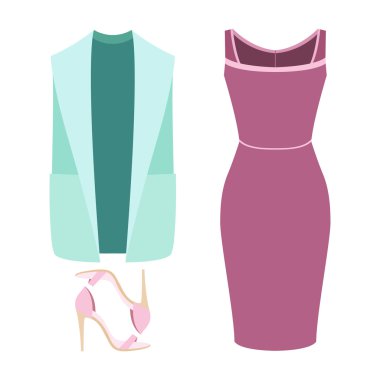 Trendy kadın giyim kadın yelek, elbise ve aksesuarlar ile kümesi