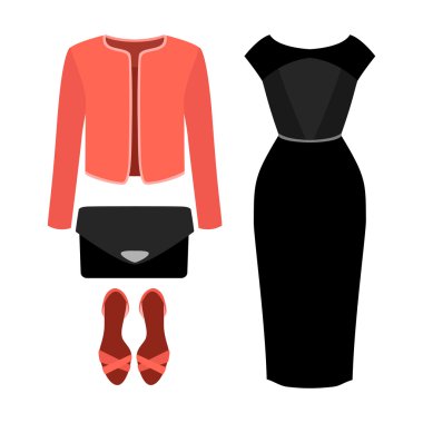 Trendy kadın giyim kadın ceket, elbise ve aksesuarlar ile kümesi