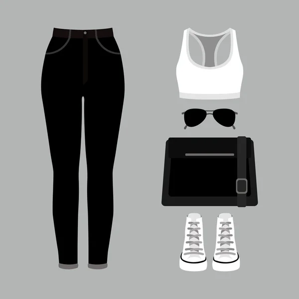 Conjunto de ropa de mujer de moda. Traje de top de mujer, bragas y accesorios. Armario de mujer — Vector de stock