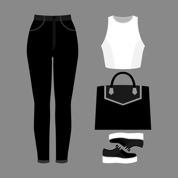 Conjunto de ropa de mujer de moda con jeans, top y accesorios — Vector de stock