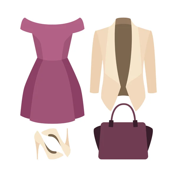 Conjunto de roupas femininas da moda com jaqueta de mulher, vestido e acessórios — Vetor de Stock