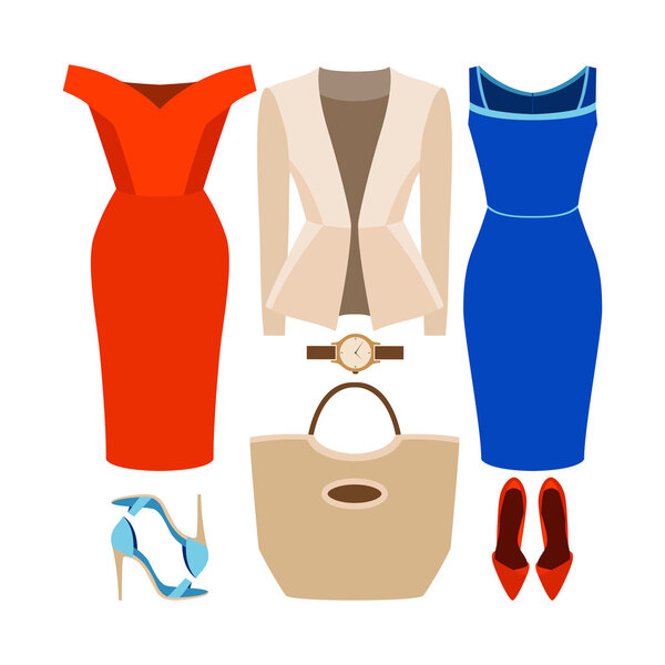 Set of trendy women's clothes with woman jacket, dress and accessories