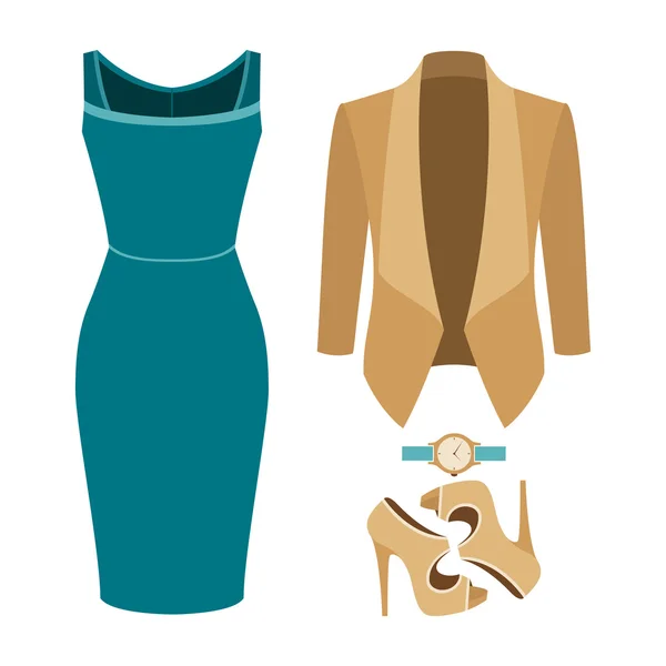Μοντέρνα γυναικεία ρούχα με γυναίκα μπουφάν, φόρεμα και αξεσουάρ — Διανυσματικό Αρχείο