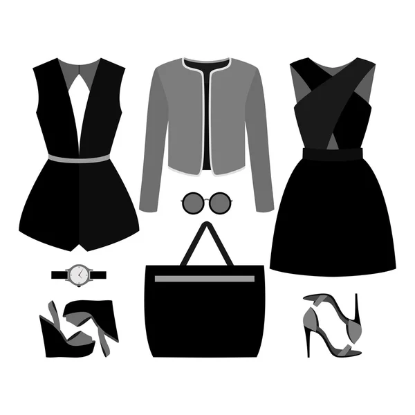 Μοντέρνα γυναικεία ρούχα με γυναίκα μπουφάν, φόρεμα, συνολικά και αξεσουάρ — Διανυσματικό Αρχείο