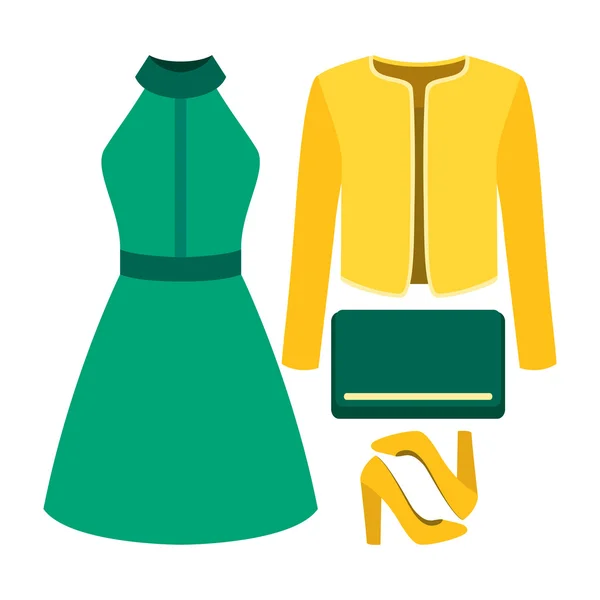 Uppsättning av trendiga damkläder med kvinna jacka, klänning och tillbehör — Stock vektor