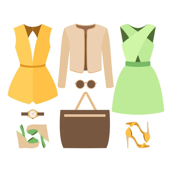 Set trendiger Frauenkleidung mit Damenjacke, Kleid, Overall und Accessoires — Stockvektor