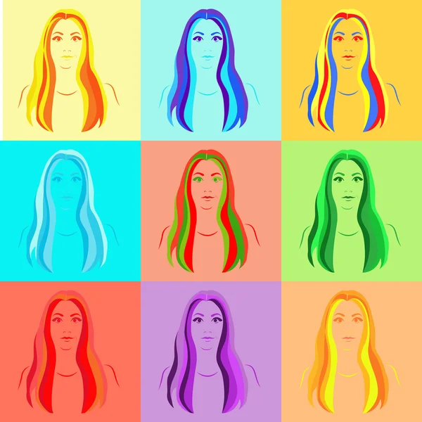 Sada devíti barevné dívčí portrétů — Stockový vektor