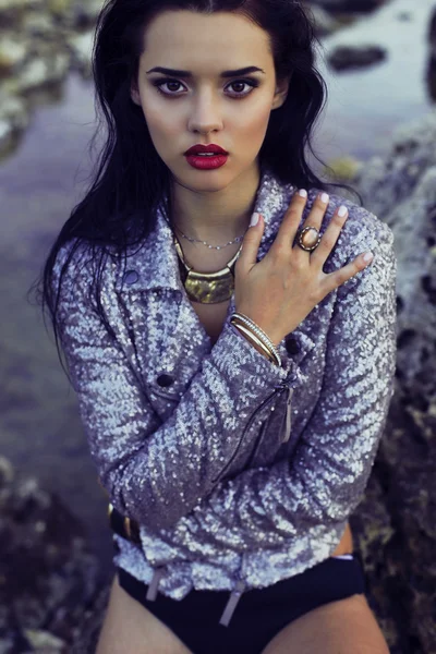 Fashion beautiful girl in silver jacket — Stock Photo, Image