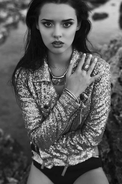 Fashion beautiful girl in silver jacket — Stock Photo, Image