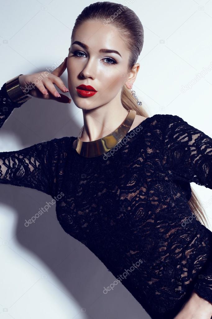 Sensual woman in black lace dress