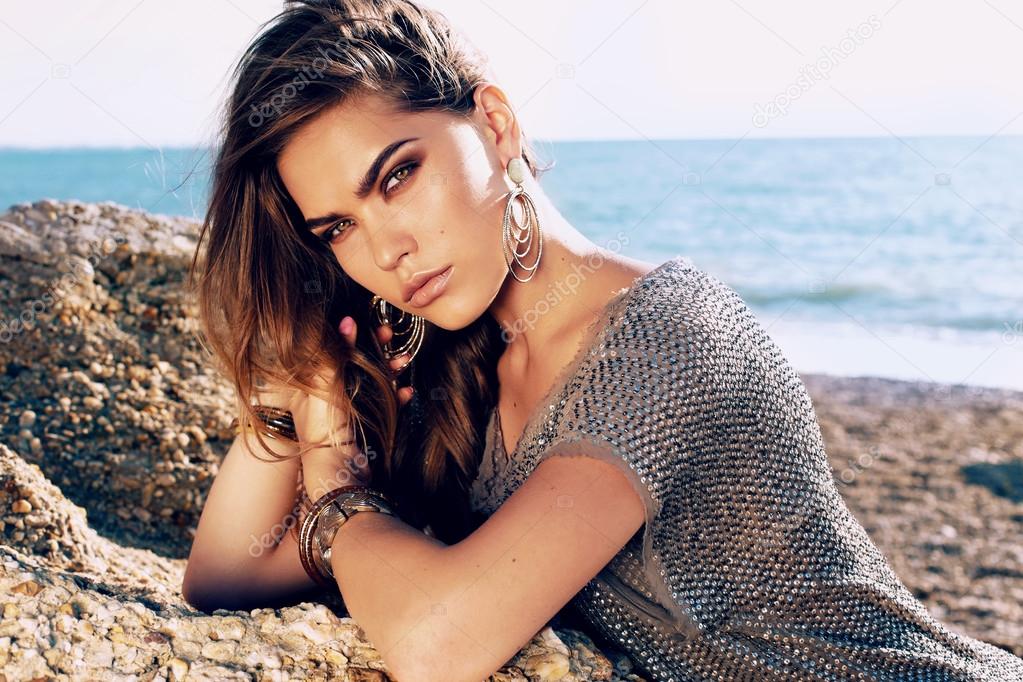 beautiful glamour woman on summer beach