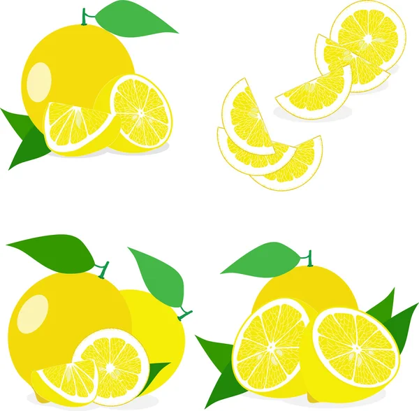 Zitrone, Zitronenscheiben, Zitronensatz, Vektorillustrationen — Stockvektor