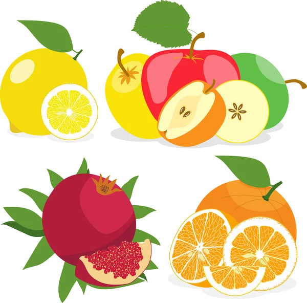 Set van fruit, citroen, appel, sinaasappel, granaatappel, vectorillustratie — Stockvector