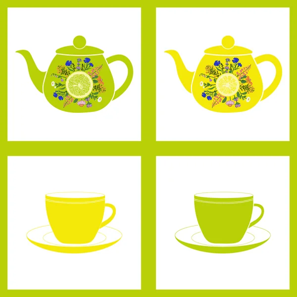 Teapot with cup, herbal tea. Seamless pattern. — Stock Vector
